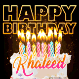 A vibrant animated GIF featuring a delicious birthday cake topped with glowing candles and the name 'Khaleed' in elegant script, and the words 'Happy Birthday' on the black background.