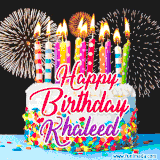 A lively happy birthday animated GIF showcasing a colorful birthday cake covered in sprinkles, topped with glowing candles, and surrounded by vibrant fireworks. The name 'Khaleed' is featured in elegant script.