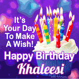 A colorful birthday GIF for Khaleesi featuring a cupcake with vibrant lit candles and the text 'It's Your Day to Make a Wish! Happy Birthday Khaleesi' in bold letters on a festive purple background.