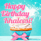 A festive cupcake with pink icing, a gingham bow, and a lit animated sparkler, paired with 'Happy Birthday Khaleesi!' in bright pink text.