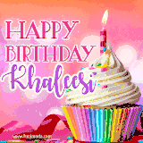 A vibrant birthday GIF featuring a rainbow-colored cupcake topped with white frosting, sprinkles, and a lit candle. The text reads 'Happy Birthday Khaleesi' in bold pink and violet letters with white outline.