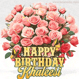 Golden 'Happy Birthday Khaleesi' text beneath a vibrant bouquet of orange roses, complete with glittering butterflies and sparkling details.