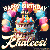 Bright birthday animation for Khaleesi with a chocolate cake, candles, balloons, and glowing celebratory lights.