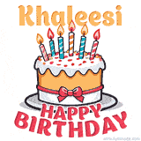 Cartoon birthday cake with a red bow, glowing candles, and 'Khaleesi Happy Birthday' text in bold animated style.