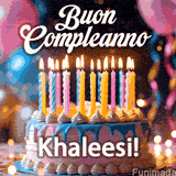 Birthday cake topped with pink and yellow lit candles, surrounded by glowing bokeh lights and party balloons. The greeting 'Buon Compleanno Khaleesi GIF!' is displayed.