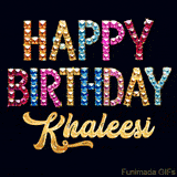 Vibrant luxury birthday greeting card for Khaleesi, showing glittering gemstone letters and golden calligraphy on a dark background with twinkling shine effects.
