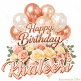 Elegant animated Happy Birthday Khaleesi image featuring soft pink roses and balloons