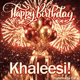 Festive digital animation with gold fireworks and balloon bouquets designed for Khaleesis birthday.