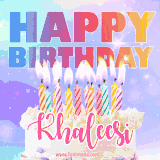 A vibrant animated name GIF with the words 'Happy Birthday Khaleesi' with colorful candles on a creamy cake. The background sparkles with pastel shades, adding a festive touch.