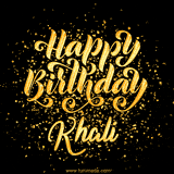 Animated GIF with colorful, festive 'Happy Birthday Khali' text decorated with patterns, a party hat, and falling confetti. A vibrant and cheerful design for birthday celebrations.