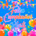 A vibrant animated GIF with 'Feliz Cumpleaños Khali' written in colorful script, surrounded by balloons, confetti, and bunting on a bright blue background.