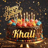 Glittery dark background with golden stars behind a chocolate birthday cake with the name Khali written on the front.