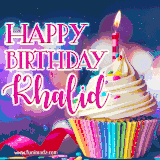 A festive animated GIF featuring a colorful cupcake with a single lit candle, sprinkles, and 'Happy Birthday Khalid' text against a sparkling, celebratory background.