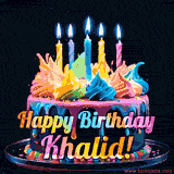 A vibrant animated GIF featuring a colorful rotating birthday cake with bright frosting swirls, glowing candles, and the text 'Happy Birthday Khalid!' in rainbow colors.