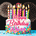 Amazing Animated GIF Image for Khaza with Birthday Cake and Fireworks