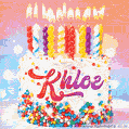 Personalized for Khloe elegant birthday cake adorned with rainbow sprinkles, colorful candles and glitter