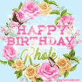 A charming animated GIF featuring 'Happy Birthday Khole' in pink and green text, surrounded by delicate roses, leaves, and fluttering butterflies on a soft light blue pastel background.