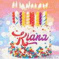 Personalized for Kiana elegant birthday cake adorned with rainbow sprinkles, colorful candles and glitter