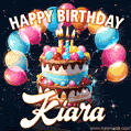 Hand-drawn happy birthday cake adorned with an arch of colorful balloons - name GIF for Kiara