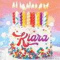 Personalized for Kiara elegant birthday cake adorned with rainbow sprinkles, colorful candles and glitter