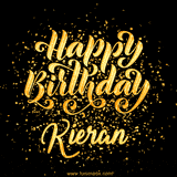 Animated GIF with colorful, festive 'Happy Birthday Kieran' text decorated with patterns, a party hat, and falling confetti. A vibrant and cheerful design for birthday celebrations.