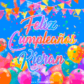 A vibrant animated GIF with 'Feliz Cumpleaños Kieran' written in colorful script, surrounded by balloons, confetti, and bunting on a bright blue background.