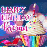 A festive animated GIF featuring a colorful cupcake with a single lit candle, sprinkles, and 'Happy Birthday Kieran' text against a sparkling, celebratory background.