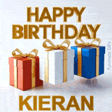Awesome 3D animated birthday card for Kieran showing three colorful presents playfully jumping under a large golden Happy Birthday sign