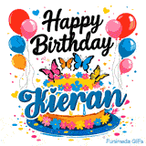 An animated card for Kieran featuring four colorful butterflies on top of a cake decorated with little flowers.