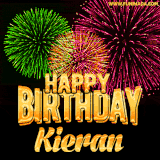 A captivating GIF with bursts of green, pink, and orange fireworks lighting up the night sky, accompanied by 'Happy Birthday Kieran' in glowing golden text.