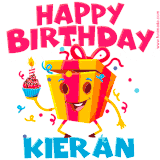 A funny animated birthday GIF with the words 'Happy Birthday Kierana', colorful gift box with arms and legs, holding a cupcake with a lit candle  with confetti everywhere.