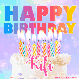 A vibrant animated name GIF with the words 'Happy Birthday Kifi' with colorful candles on a creamy cake. The background sparkles with pastel shades, adding a festive touch.