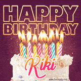 A colorful birthday cake topped with lit candles, with the words 'Happy Birthday Kiki' in bold glowing letters on a burgundy background. Animated flames add a festive touch.