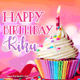 A vibrant birthday GIF featuring a rainbow-colored cupcake topped with white frosting, sprinkles, and a lit candle. The text reads 'Happy Birthday Kiku' in bold pink and violet letters with white outline.