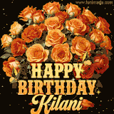 Animated bouquet of orange roses with moving butterfles and golden 'Happy Birthday Kilani' text, surrounded by sparkling accents and a dark backdrop for a luxurious feel.