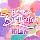 A vibrant name GIF featuring colorful balloons in shades of pink, orange, and yellow with the bold text 'Happy Birthday Kilani' in festive fonts, creating a lively birthday vibe.