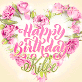A stunning heart made of pink roses surrounds the elegant script text 'Happy Birthday Kilee' on a soft beige background. Animated sparkles add a magical and festive feel.