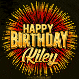 Golden 'Happy Birthday Kiley' text accompanied by animated rainbow fireworks for a festive animated greeting.