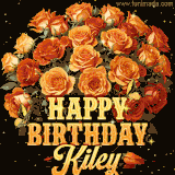 Animated bouquet of orange roses with moving butterfles and golden 'Happy Birthday Kiley' text, surrounded by sparkling accents and a dark backdrop for a luxurious feel.