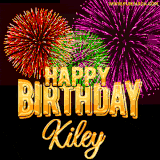 A golden 'Happy Birthday Kiley' message with vibrant fireworks in the background, creating a festive and celebratory vibe in this animated name GIF.