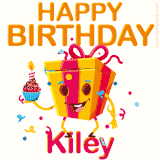A vibrant and funny gift box character with a happy face dancing with a cupcake and the text 'Happy Birthday Kiley,' surrounded by animated confetti and party vibes.