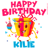 A vibrant and funny gift box character with a happy face dancing with a cupcake and the text 'Happy Birthday Kilie,' surrounded by animated confetti and party vibes.