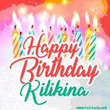 Bright birthday candles with rainbow flames on a cake, alongside the text 'Happy Birthday Kilikina' in vibrant script in this celebratory animated GIF.