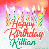 Bright birthday candles with rainbow flames on a cake, alongside the text 'Happy Birthday Killian' in vibrant script in this celebratory animated GIF.