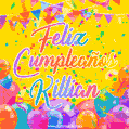 A bright and festive GIF with the text 'Feliz Cumpleaños Killian' in Spanish in colorful fonts, surrounded by confetti, balloons, and festive banners on a vibrant yellow background.