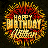 Golden 'Happy Birthday Killian' text accompanied by animated rainbow fireworks for a festive animated greeting.