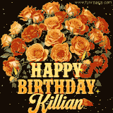 Animated bouquet of orange roses with moving butterfles and golden 'Happy Birthday Killian' text, surrounded by sparkling accents and a dark backdrop for a luxurious feel.