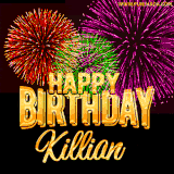 A golden 'Happy Birthday Killian' message with vibrant fireworks in the background, creating a festive and celebratory vibe in this animated name GIF.