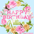 A charming animated GIF featuring 'Happy Birthday Killian' in pink and green text, surrounded by delicate roses, leaves, and fluttering butterflies on a soft light blue pastel background.