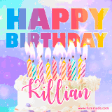 A vibrant animated name GIF with the words 'Happy Birthday Killian' with colorful candles on a creamy cake. The background sparkles with pastel shades, adding a festive touch.